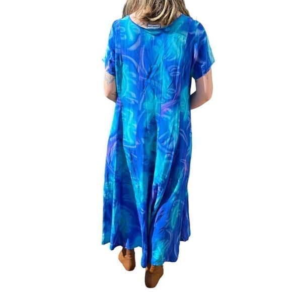 Vintage 90s Womens 100% Silk Blue Tie Dye Maxi Scoop Neck Boho Beach Dress Sz L - Picture 7 of 9